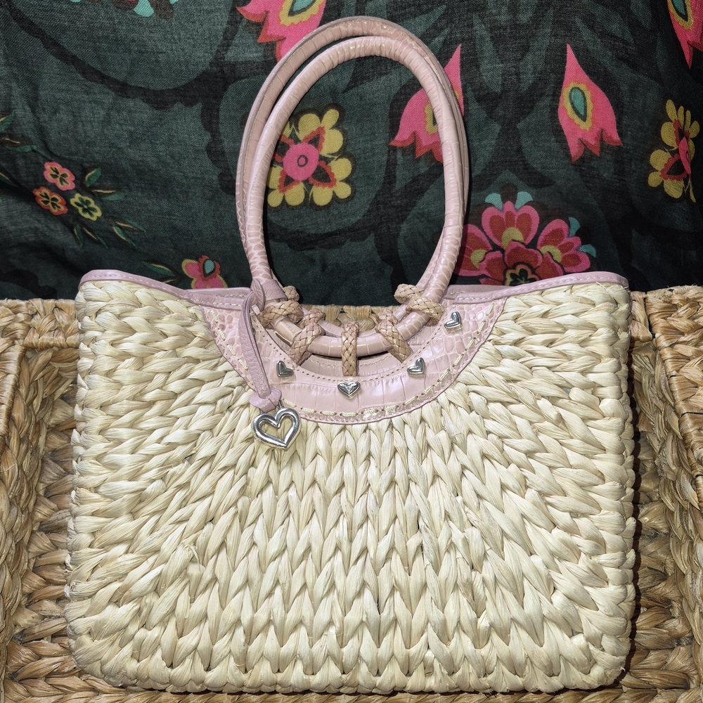 Vintage Brighton Leili Dusty Rose Pink Straw Leather Woven Handbag
